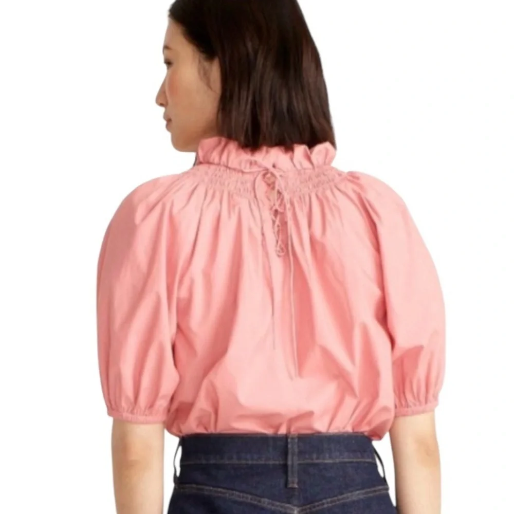 J CREW Smocked Ruffled Neck Puff-Sleeve Cotton Oversized Poplin Top Women's XXS
